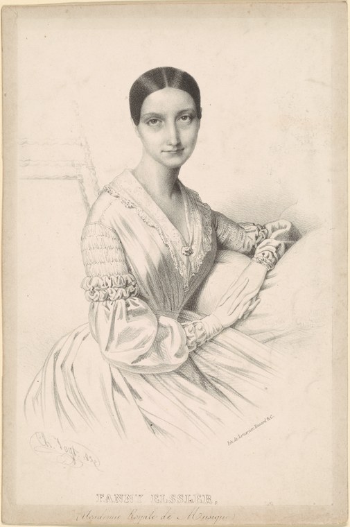 Portrait of a young woman in a white ballet costume with puffed sleeves and full skirt, seated and facing the viewer.