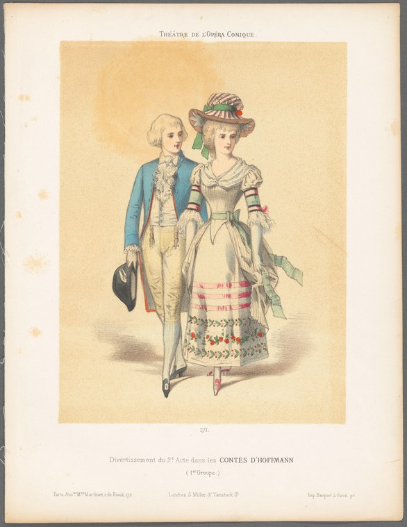 Man in blue coat with hat and woman in white Empire-waist gown with bonnet, posed in theatrical courtship, hand-colored engraving from Offenbach's Tales of
