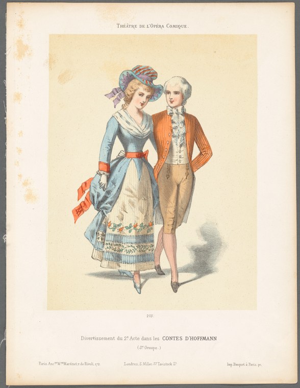 A man and woman in Victorian dress stand face-to-face in a formal theatrical pose; she wears a blue silk dress and bonnet, he an orange coat.