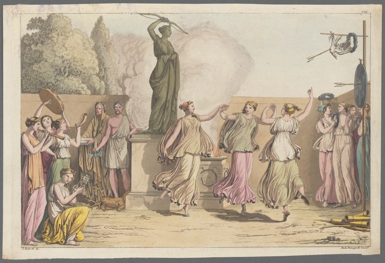 Women in classical drapery perform a ritual dance before an elevated statue of Diana holding a bow, in a temple-like setting.