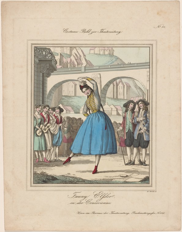 Woman in blue skirt and yellow bodice performs a lifted turn in a classical colonnade, watched by figures in Regency dress on either side.