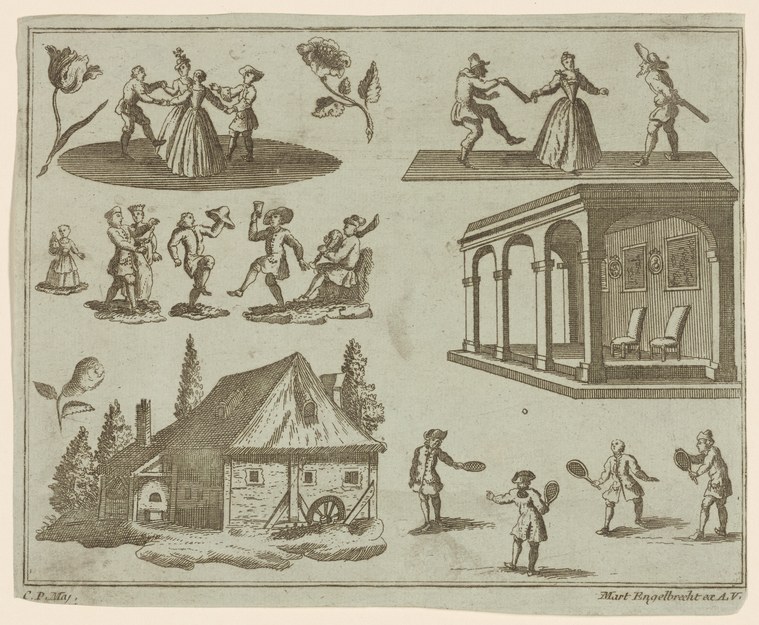 Engraving showing six scenes of 17th-century aristocratic dancing and entertainment in a garden pavilion setting.