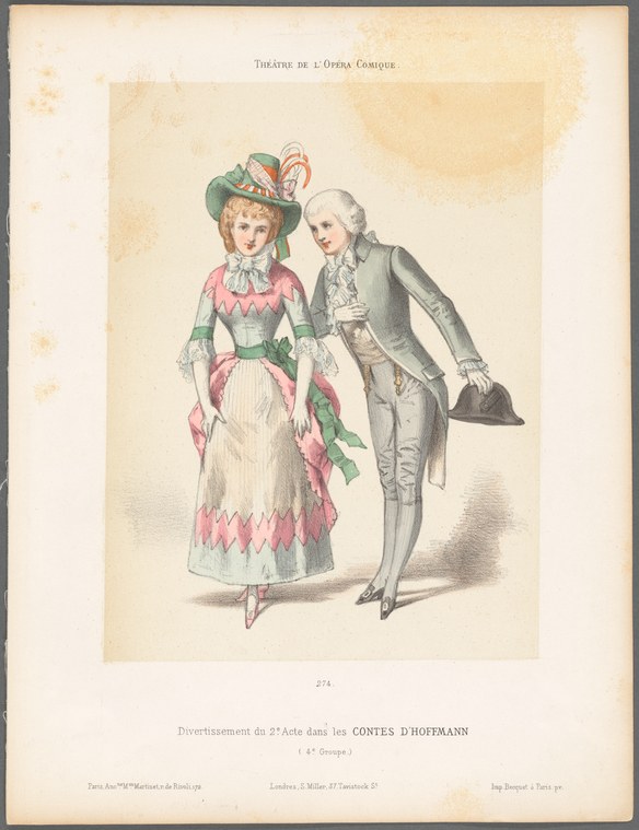 A woman in green and pink theatrical dress and a man in gray breeches stand facing each other in a relaxed pose of social flirtation, both holding their hats.