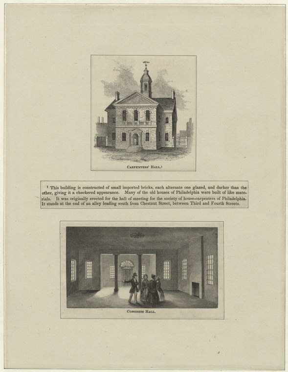 Two architectural engravings: Carpenters' Hall exterior above, Congress Hall interior below, with three small figures showing room scale.