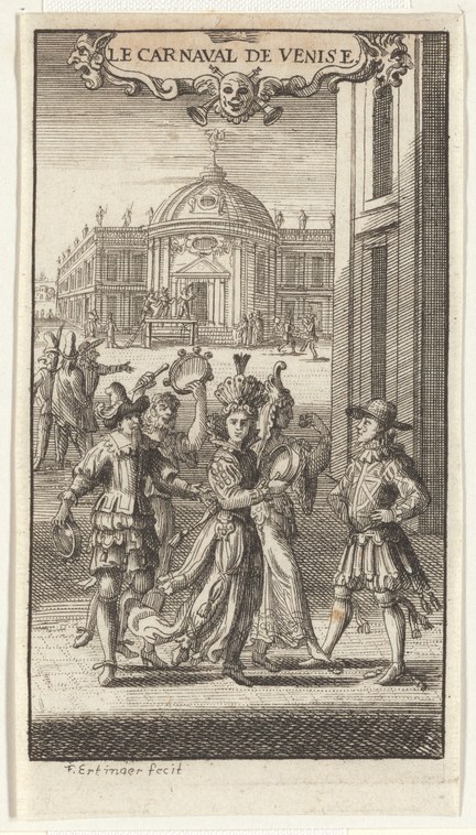 Five elegantly costumed figures in a Venetian piazza beneath a domed building; the central woman is attended by four men in formal dress.