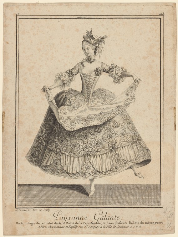 An 18th-century engraving of a female dancer in an ornate pastoral costume, holding the skirt aloft to display its pleated hem and floral embroidery.