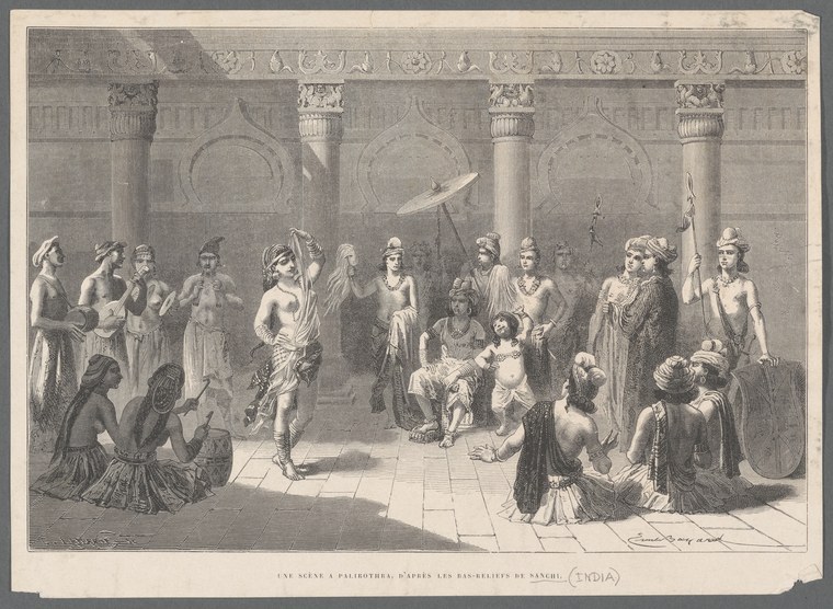 Wood engraving of a classical Dionysian revel in a columned interior, with nude and draped figures in scattered poses of celebration and movement.