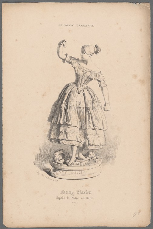 A woman in a layered 1840s dress stands on a pedestal with raised asymmetrical arms, head tilted back, in a dynamic theatrical pose.