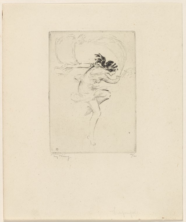 Etching of a woman in a classical tunic, suspended in a high, arched leap with one leg extended behind and arms raised, against sketchy background marks.