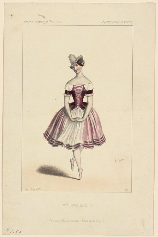 Female ballet dancer in romantic tutu, poised on pointe in a turning movement, purple bodice and pink striped skirt, profile view.