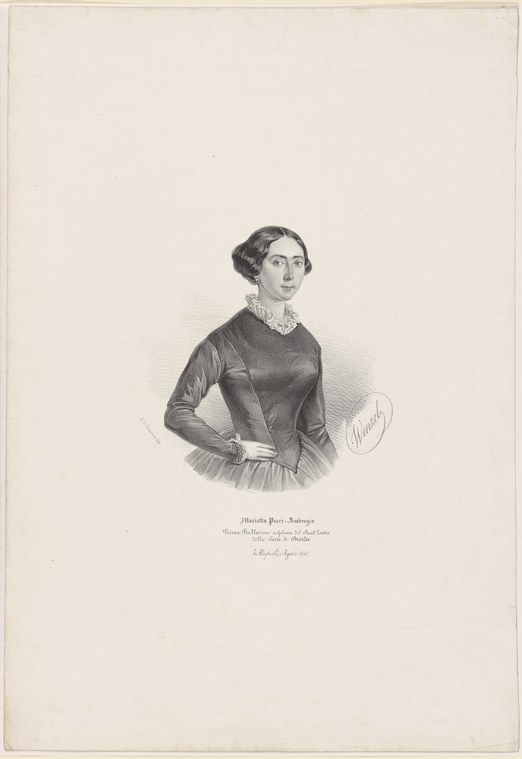 Engraved portrait of a woman in 1850s dress with dark hair and upturned gaze, identified as prima ballerina Marietta Pecci-Ambrogio.