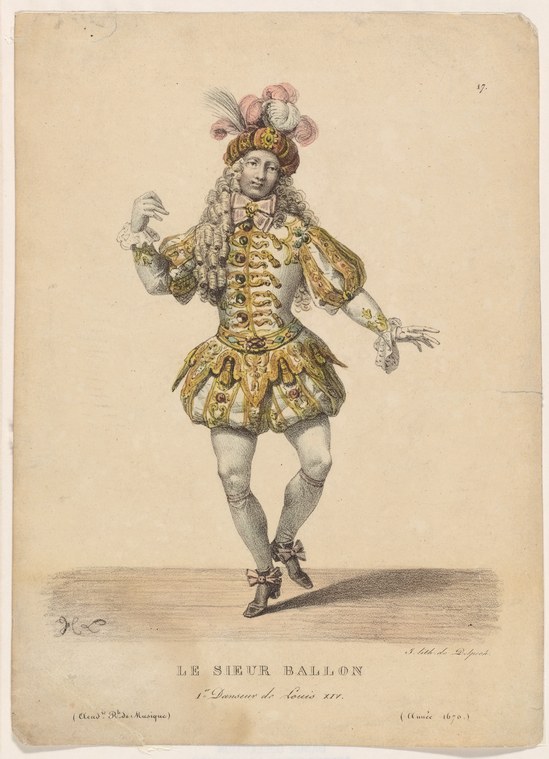Hand-colored engraving of a bearded male dancer in ornate gold-embroidered coat and pink-plumed headdress, legs in ballet position, arms spread wide.