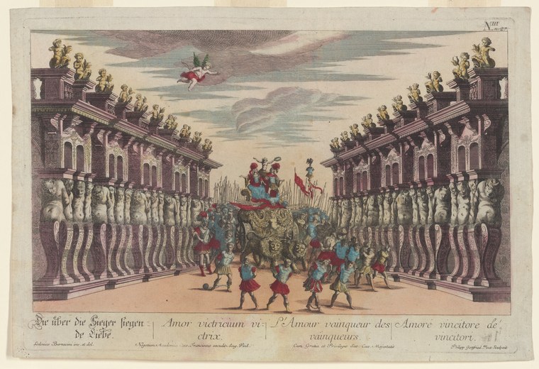 Hand-colored engraving of a courtly procession: elaborately dressed attendants surround an elevated sedan chair bearing two figures, flanked by classical