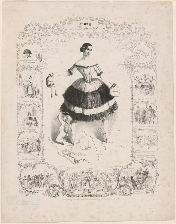 Woman in elaborate tiered ball gown and ringlets, arms posed theatrically, surrounded by ornamental border of satirical vignettes.