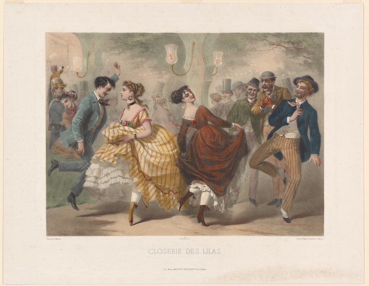 Two couples dance in waltz position among garden trees hung with lanterns; onlookers in formal dress watch from the sides.