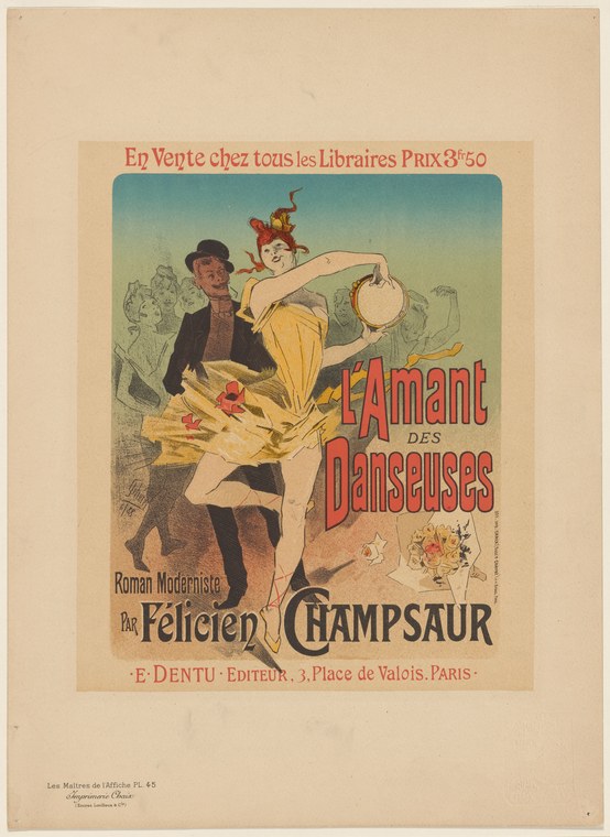 Chromolithographic poster of a woman in a yellow dress dancing, watched by a man in formal dress and background figures in a dance hall setting.