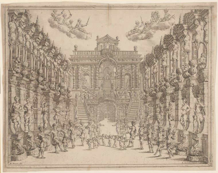 Engraving of a grand columned hall with figures in 17th-century dress arranged before a distant palace, heavenly figures in clouds above.