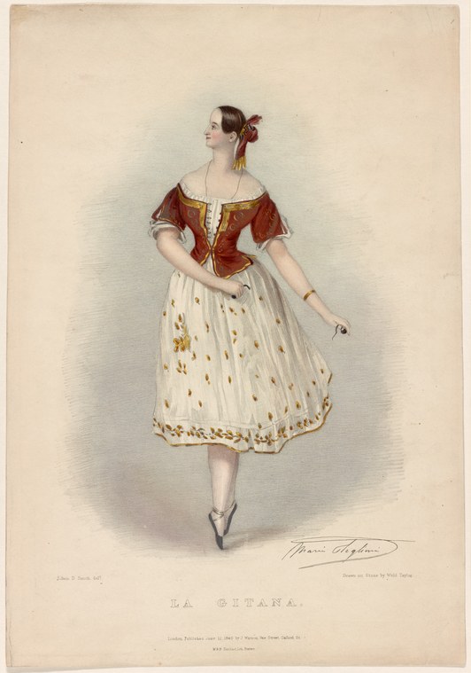 A woman in Romantic-era ballet costume stands in profile, wearing a red bodice and cream skirt with gold leaf pattern, one arm raised in a graceful curve.