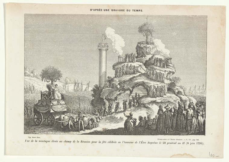 Engraving of a mountainous tiered structure with crowds of figures, a tall central flame, and stormy sky.