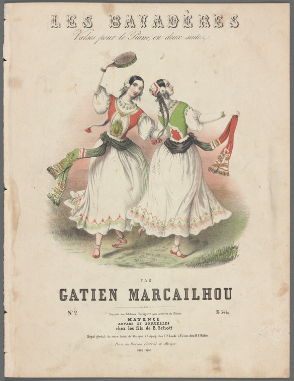 Two female dancers in romantic-era costume with pointe shoes, white skirts, and fitted bodices. The left dancer raises a wooden racket above her head.