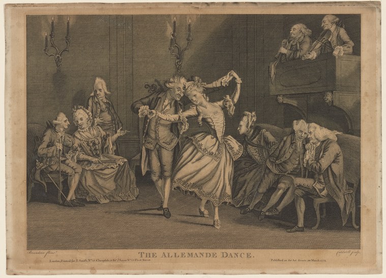 A couple in 18th-century court dress performs an allemande, hand-to-hand in formal ballroom frame, while five other couples watch from benches and balconies.