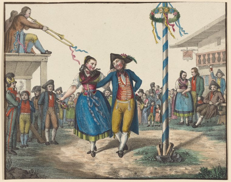 Two 18th-century dancers in formal dress perform a spiral pattern around a flower-decorated maypole while townspeople watch and a trumpeter plays