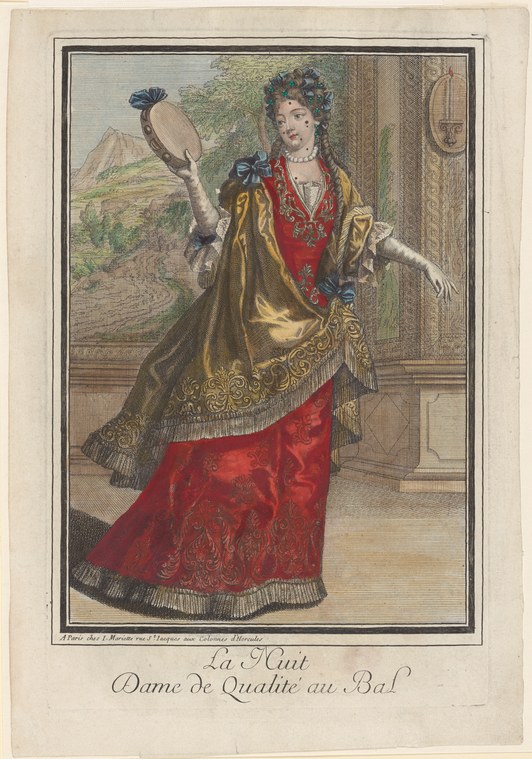 A noblewoman in red silk and gold-trimmed cloak stands indoors holding a fan, posed for a formal 18th-century ball.