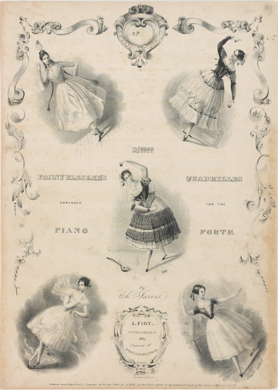 Five female ballet dancers in romantic-era costume, arranged symmetrically around an ornamental frame with a central cartouche.