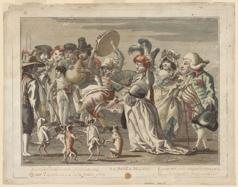 Engraving of two costumed dancers in an outdoor scene surrounded by onlookers, small animals at their feet, 18th-century dress.