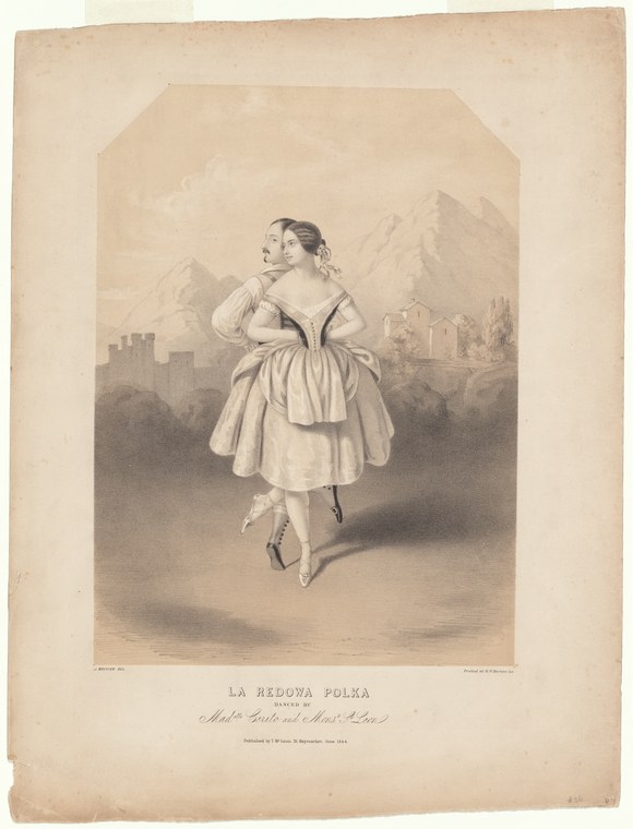 A lithograph of a pale-gowned female dancer posed in profile against a distant landscape of mountains and a fortified town.