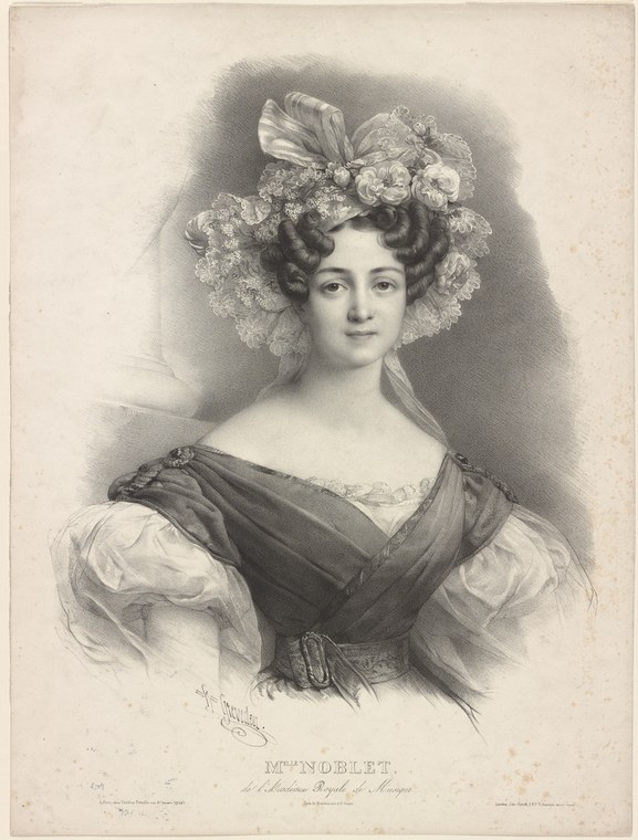 Lithographic portrait of a young woman in Romantic-era dress with flowers in her hair, identified as Melle Noblet of the Paris Opera.