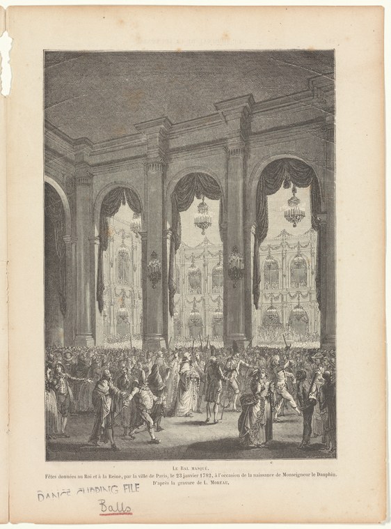 An engraving of a crowded masquerade ball in a grand arched hall; costumed figures in 18th-century dress fill the floor beneath towering classical columns.