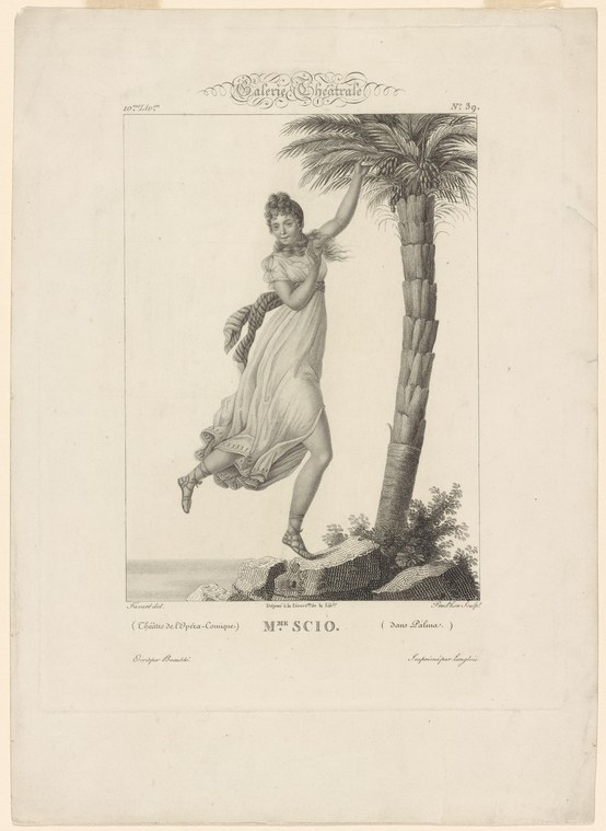 Engraving of a woman in a white gown executing a deep backbend against a palm tree.