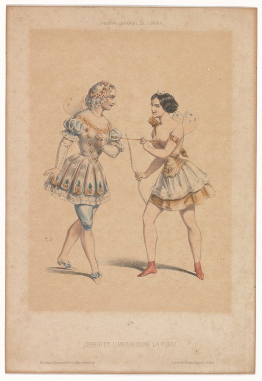 Two figures in classical costume face each other in a lunging stance, one pointing a small object at the other in a confrontational gesture.