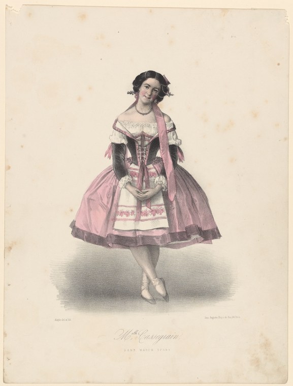 Hand-colored engraving of a female ballet dancer in Romantic-era costume, poised on one pointed foot.