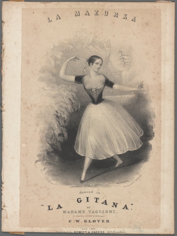 Maria Taglioni in white tulle skirt and dark bodice, posed with arms raised, in Romantic ballet style.