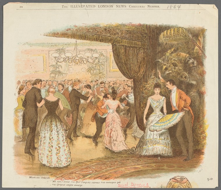 Crowded Victorian ballroom with a couple in closed waltz position in the foreground, surrounded by guests in formal dress.