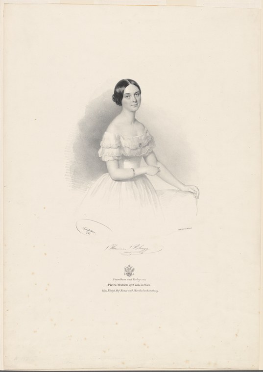 Seated woman in white mid-19th-century ball gown, in three-quarter view, signed Hermine Blangy.