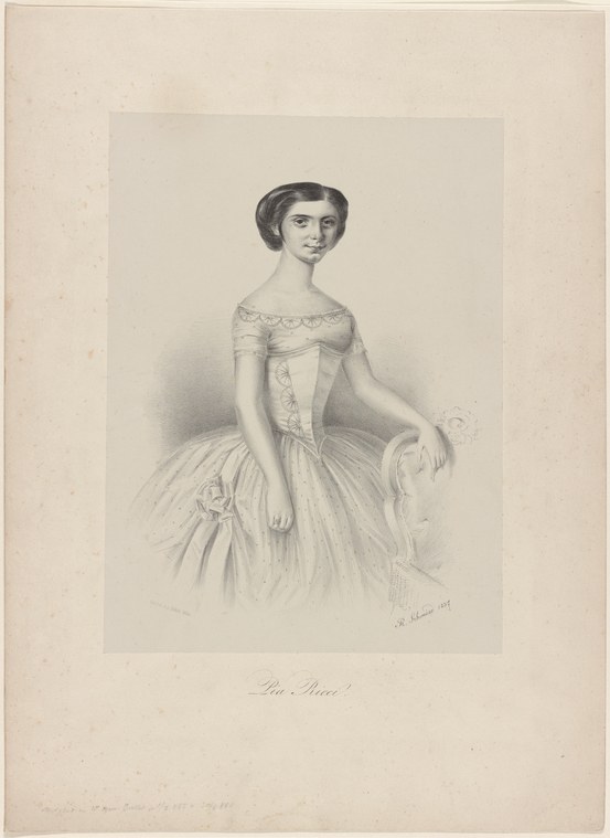 Engraving of a young woman in a white off-shoulder ballgown with voluminous tulle skirt, standing in formal pose with one arm relaxed.