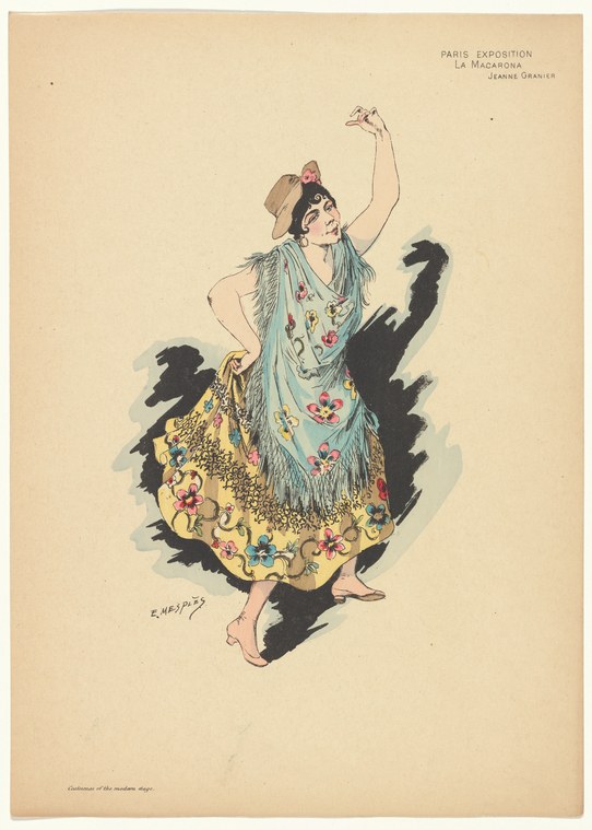 Woman in ornate blue and gold costume striking an elevated arabesque pose; stylized black bird silhouettes behind her.