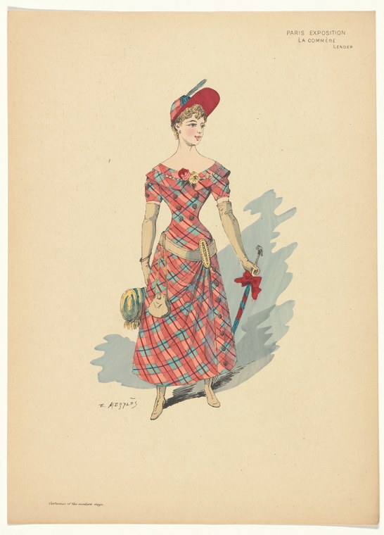 Hand-colored fashion illustration of a woman in a red and black plaid dress with a feathered hat, holding a parasol, standing in a graceful pose.