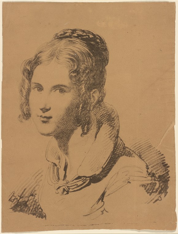 Ink portrait sketch of a woman in profile, wearing ringlets and a lace-trimmed dress, identified as Teresa Heberle.