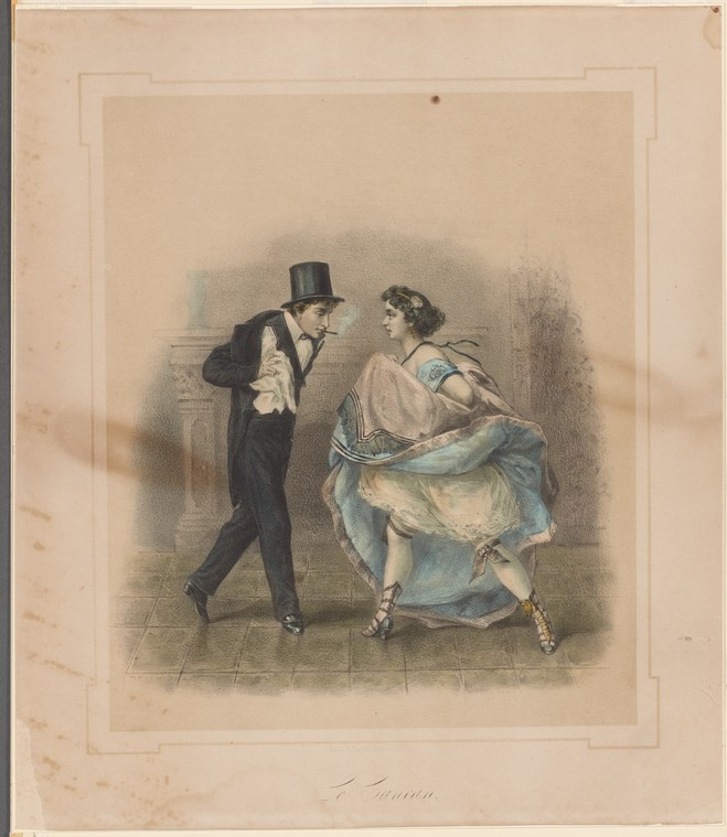 A man in a top hat recoils in exaggerated surprise while a woman in a pale blue dress pivots away, her skirt swirling.
