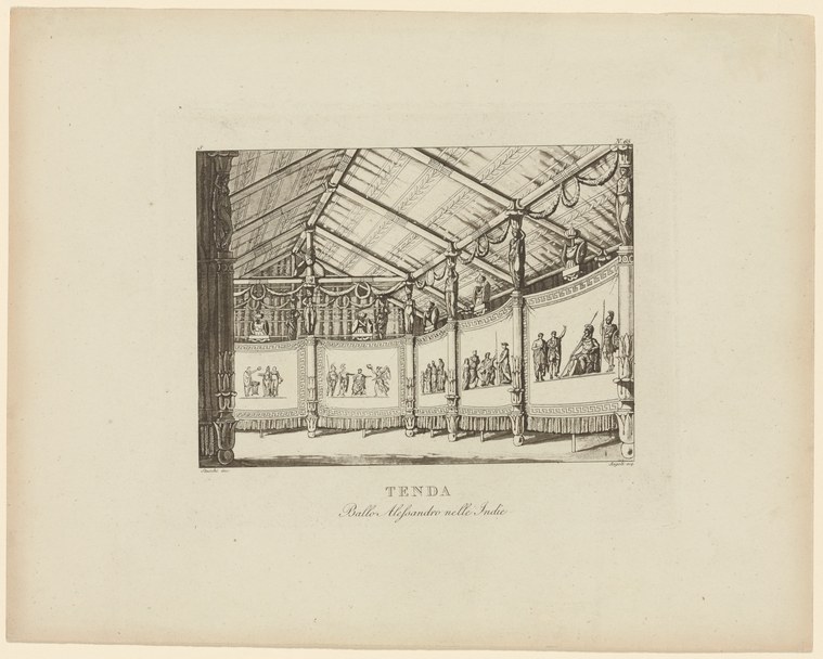 Engraving of a decorated pavilion interior with peaked roof, framed wall panels of narrative scenes, and empty central floor space.