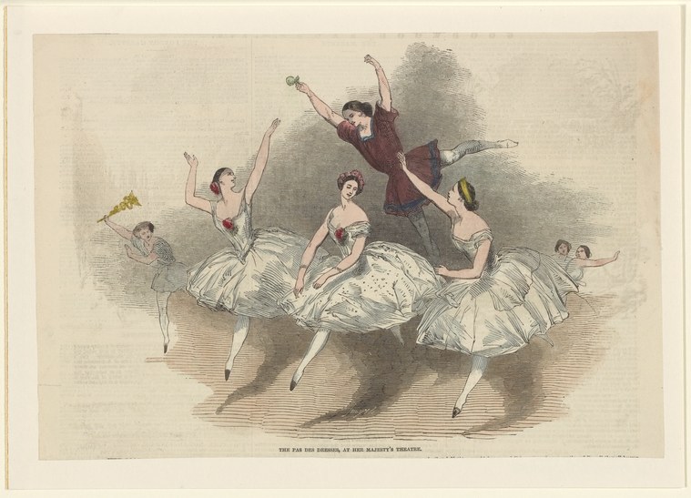 Five female ballet dancers in white tutus on a stage, mid-leap, arranged diagonally with one central figure in darker clothing.