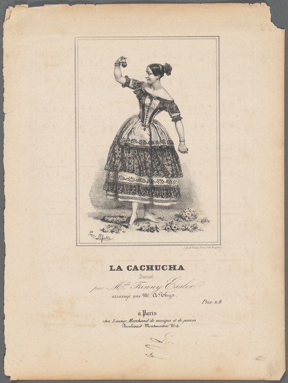 Engraving of a woman in a corseted dress with a decorated full skirt, right arm raised, performing the Cachucha.