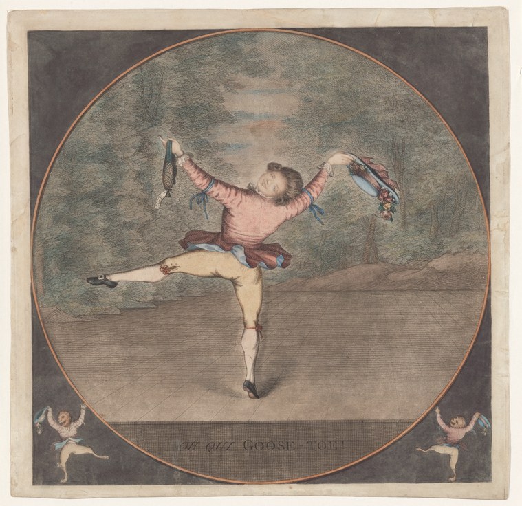 Male dancer in pink jacket executing a high vertical leap on stage, arms raised, with two cherubs in frame corners.
