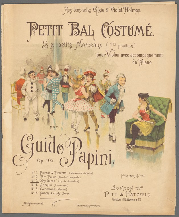Chromolithographed cover of a musical score showing figures in commedia dell'arte costumes dancing and socializing in a ballroom.
