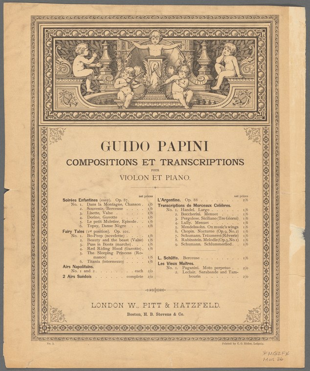 Title page and contents listing for Guido Papini's Compositions et Transcriptions for violin and piano, with engraved vignette of putti in classical setting.