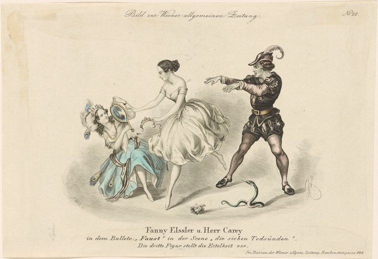 Hand-colored engraving showing two women and a jester-costumed man in a theatrical ballet scene; one woman sits with a mirror, another reaches toward the man